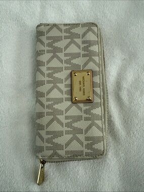 Michael Kors Collection Beige Logo Zip Wallet with Gold Plaque
